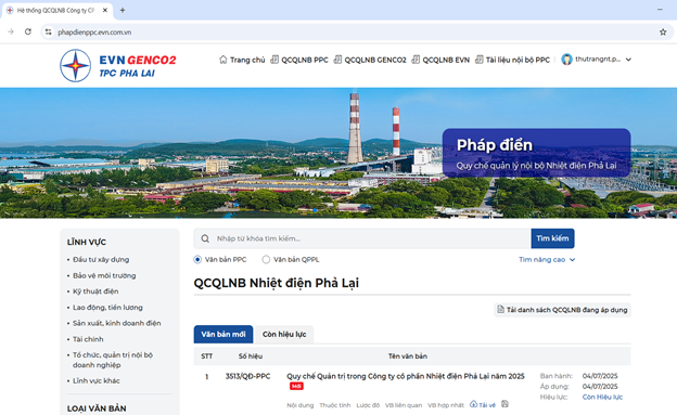 Giao diện trang pháp điển Công ty CP Nhiệt điện Phả Lại