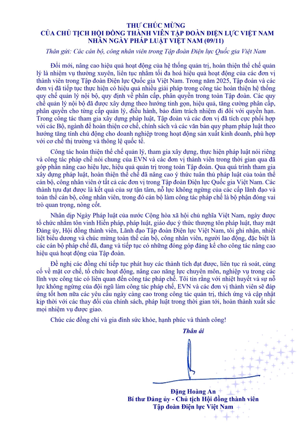 Thư chúc mừng của Chủ tịch Hội đồng thành viên EVN nhân Ngày Pháp luật Việt Nam (9/11)